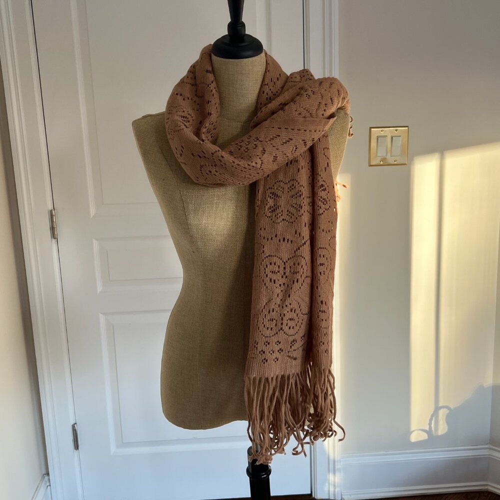 Elegant Tan Light Knit Scarf Shawl Wrap Fringe Boho Festival Accessory - Picture 7 of 9